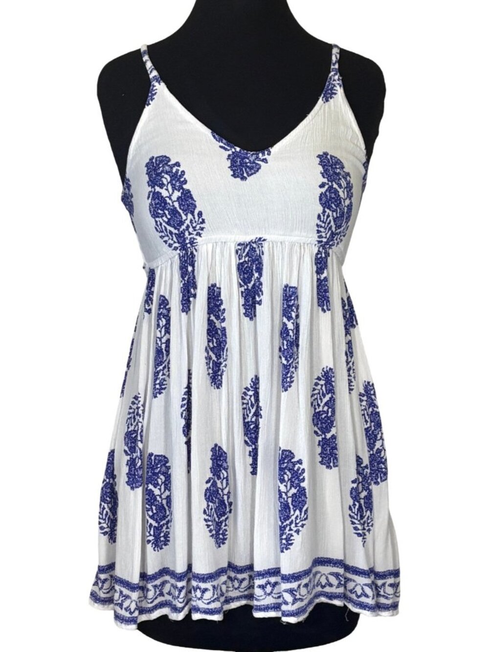DEVI Block Print Boho Babydoll Mini Dress Small Blue White Rayon